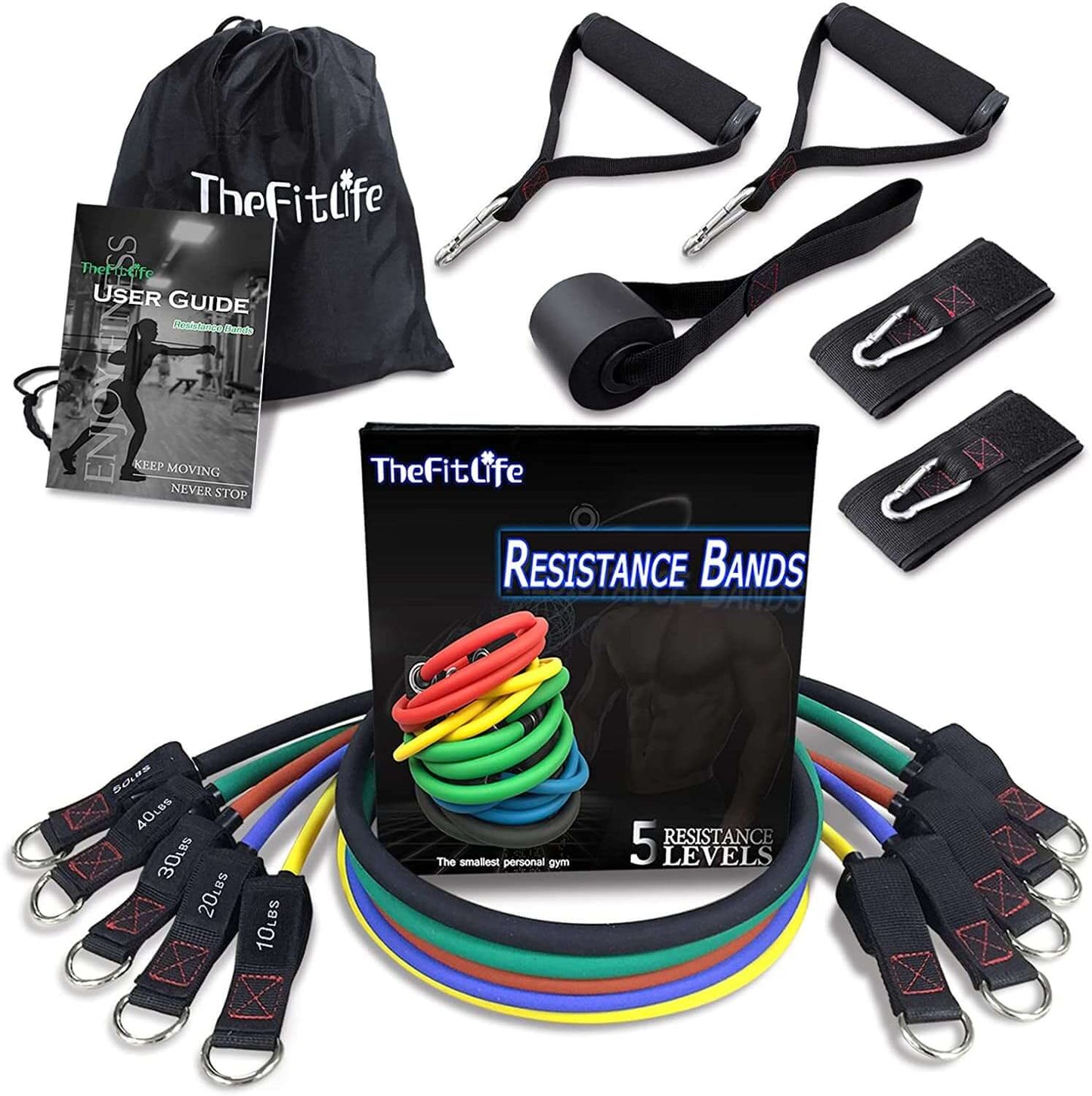 Exercise Resistance Bands with Handles - 5 Fitness Workout Bands Stackable up to 110/150/200/250/300 Lbs, Training Tubes with Large Handles, Ankle Straps, Door Anchor, Carry Bag